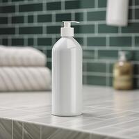 A white bottle of shampoo stands on the table in bathroom. AI Generative photo