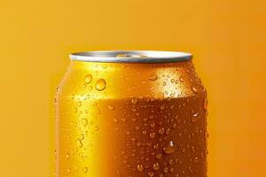 Can of fresh soda with water drops on orange background, closeup. Generative AI photo