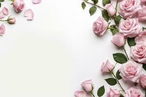 Close up of blooming pink roses flowers and petals isolated on white table background. Floral frame composition. Decorative web banner. Empty space, flat lay, top view. AI Generative photo