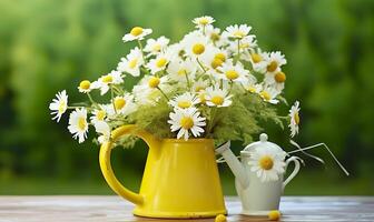 Chamomile flowers bouquet in watering can and butterfly on the table in the garden. Generative AI photo