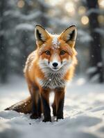 little fox in the middle of a snowy forest photo