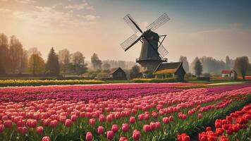 windmill in the middle of the tulip garden photo