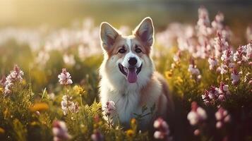 Charming corgi dog with flowers in the spring. Generative AI photo