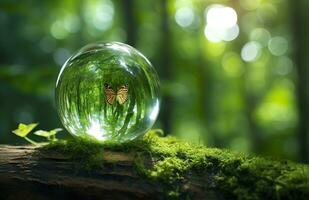 Butterfly and Crystal ball on a tree stump in the forest, natural green background. Generative AI photo