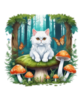 AI Generative Cat Loves Mushroom Clipart Illustration for Print on Demand Business is Also perfect for any other project png