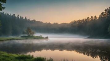 Natural view of the lake with fog and pine forest background photo