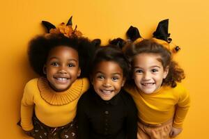 Childrens celebrating halloween on yellow background. Generative AI photo