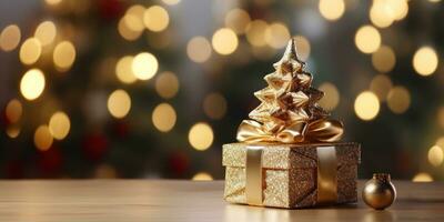 Gift box with mini Christmas tree close up, empty space. Generative AI photo