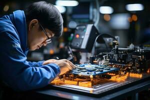 Engineer hand holds soldering iron and tinlead to solder electronic board. Generative AI photo