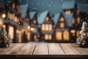 Wooden table, empty space with illuminated Christmas town square in vintage style. Generative AI photo