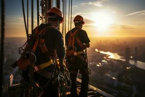 un trabajadores trabajando a altura con la seguridad aprovechar. generativo ai foto