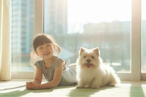 The little girl is lying on the floor playing on the floor at home with a pet dog. Generative AI photo