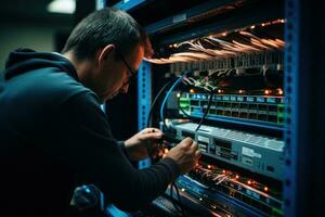The system administrator configures the wires of the network equipment. Generative AI photo
