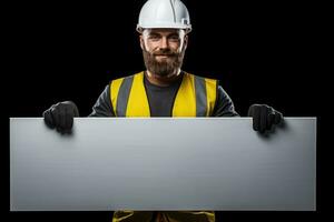 Construction worker holding a separate blank white panel isolated on black background. Generative AI photo