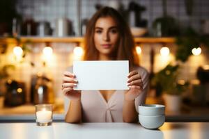 A beauty influencer is holding a blank white horizontal card. Generative AI photo