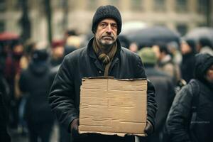 Homeless Showing Seeking Human Kindness Sign On Cardboard. Generative AI photo