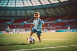 ai generado regate pequeño chico obras de teatro fútbol americano en estadio. generativo ai foto