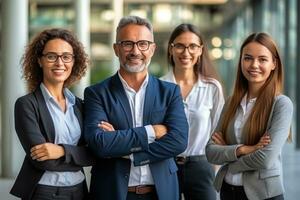 Leader or manager looking happy face portrait of ambitious corporate men and women. Generative AI photo