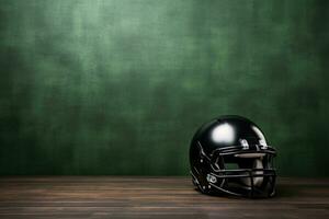 Minimalist photo of an American football helmet, artificial grass background. Generative AI