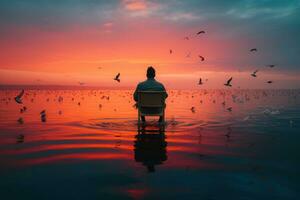 Abstract a man sitting on a chair in front of a body of water with a bird on its back. Generative AI photo