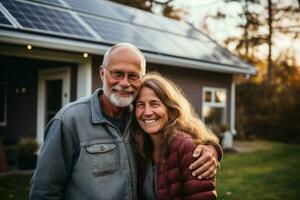 A happy couple stands smiling in the a large house with solar panels installed. Generative AI photo