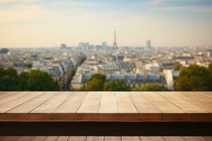 Empty table surface blurred Landmarks around the world in the background. Generative AI photo