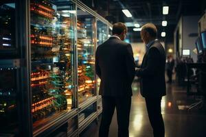 Businessmen having a discussion in a modern data center, surrounded by servers. Generative AI photo