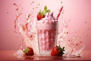 Strawberry smoothie frappe effect swirling wave strawberry milk splash around glass. Generative AI photo