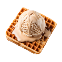 Homemade chocolate Ice cream scoop on Waffle bread with topped with caramel cream. AI Generated png