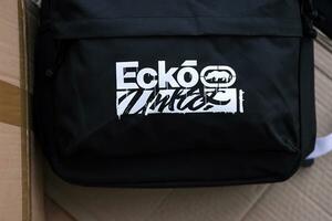 KYIV, UKRAINE - 4 MAY, 2023 Ecko Unltd company logo on new brand clothes photo