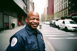 contento y sonriente africano americano policía oficial. neural red ai generado foto