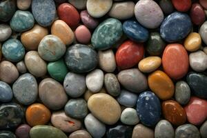 Multi colored stones turned by the sea with water. Neural network AI generated photo