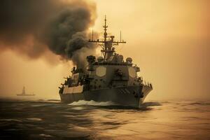 War concept. Night battle scene at sea. warship on fire. Neural network AI generated photo