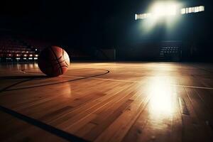 baloncesto pelota en un oscuro antecedentes. neural red ai generado foto
