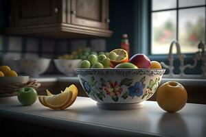 fruit in a bowl in the kitchen. Neural network AI generated photo