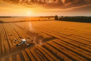 Drone flying over the field. Smart agriculture controlled. Neural network AI generated photo