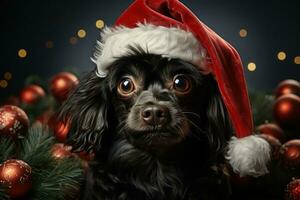 nuevo años equipo festividad perro con Navidad árbol en su cabeza. generativo ai foto