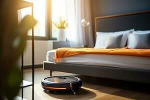 A robot vacuum cleaner is cleaning the bed room floor. Generative AI photo