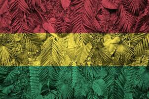 Bolivia flag depicted on many leafs of monstera palm trees. Trendy fashionable backdrop photo