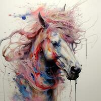 Watercolor horse painting, abstract drawing of a running paint splashed horse, Generative AI photo