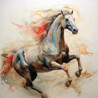 Watercolor horse painting, abstract drawing of a running paint splashed horse, Generative AI photo