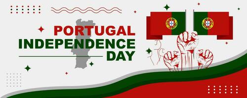 Portugal independence day banner, national day banner for portugal with flag, maps and clenched fist, Geometric retro shape in red and green colors. Vector illustration