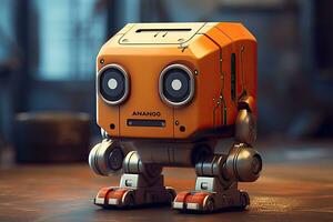 3d rendering of an orange robot on a wooden table in a factory, nano bot, AI Generated photo