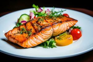 Grilled salmon fillet with vegetables on white plate, closeup, Grilled salmon fillet with vegetables on a white plate closeup, AI Generated photo