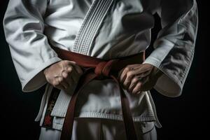Man in kimono with red belt on black background, closeup, Fighter tightening karate belt, top section cropped, AI Generated photo
