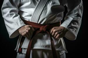 hombre en kimono con rojo cinturón en negro fondo, de cerca, combatiente apretar kárate cinturón, parte superior sección recortado, ai generado foto