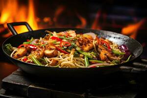 Stir-fried spaghetti with chicken and vegetables in a wok, Indulge in the fiery excitement of Asian street food with a sizzling wok filled with stir-fried noodles, vibrant vegetables, AI Generated photo