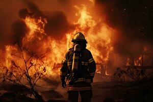 bombero en acción. bomberos luchando un fuego en un ardiente bosque, bombero molesto a evitar el untado de natural desastre, ai generado foto