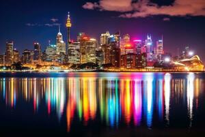 llevar a la fuerza horizonte a noche con reflexión en huangpu Río, China, céntrico Sydney horizonte en Australia, ai generado foto