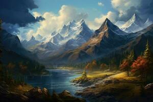 montaña paisaje con lago, bosque y montañas. digital cuadro, panorama de el montañas, ai generado foto
